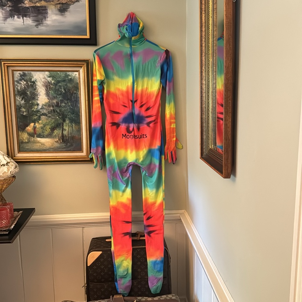 Rainbow morphsuit M medium to 5’4” Woman Teen game day halloween costume tie dye